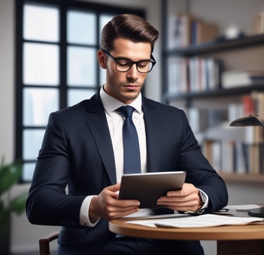 A businessman in a suit analyzes financial data on a tablet and smartphone at a desk with charts.