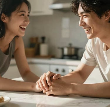 A candid close-up of a young couple laughing together in a sunlit kitchen, warm morning light, soft focus on their interlocking hands on a marble counter.