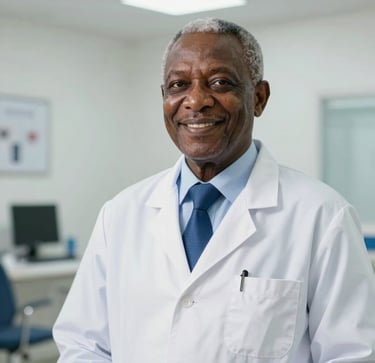 A professional portrait of a senior West African / Nigerian medical director at Mater Dei Specialist Hospital, wearing a clean white lab coat over a professional blue tie, smiling warmly with reassurance. Bright, high-end clinical office background in Enugu, soft clinical lighting, confident and trustworthy.