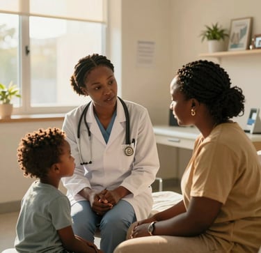 A compassionate female West African / Nigerian pediatrician consulting with a mother and child in a modern, welcoming clinic room at Mater Dei Specialist Hospital. Soft warm golden sunlight filtering through window, premium comforting medical environment.