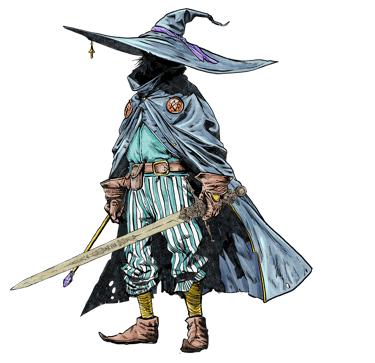 A wizard in a blue cloak with a sword in one hand and a wand in the other