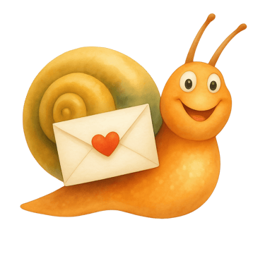 Yellow snail cartoon carrying an envelope with a heart on it.