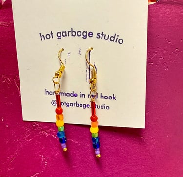 Good huggie-hoops with dangle rainbow seed beads