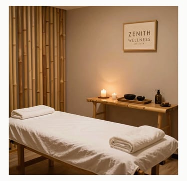 A serene massage room setup at Zenith Wellness in San Diego, California, showing clean bamboo elements, peaceful earth tones, and warm ambient light.