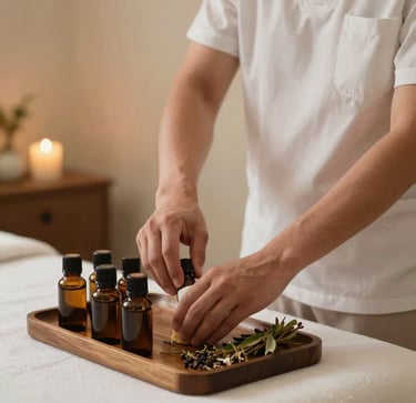A professional massage therapist thoughtfully preparing soothing botanical essential oils in a tranquil San Diego, California wellness room with warm lighting.