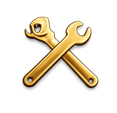 Crossed gold metallic wrenches icon representing professional repair and maintenance services on black background.