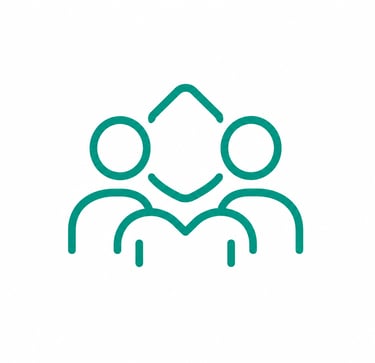 Minimalist teal community icon featuring three stylized people symbols for teamwork and collaboration.