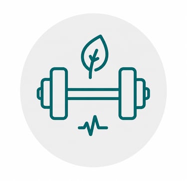 A minimalist fitness icon featuring a barbell, a leaf, and a heartbeat pulse line for health and wellness.