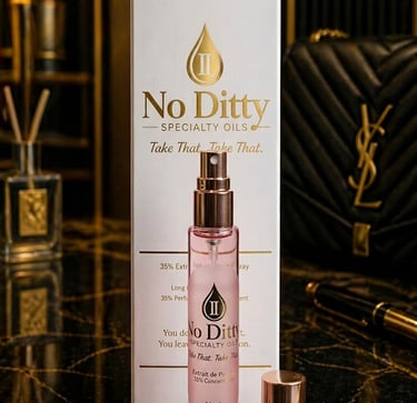 No Ditty luxury perfume spray and matching white and gold branded packaging for the women’s collection.