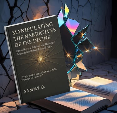 A book titled Manipulating the Narratives of the Divine by Sammy Q. sits near shattered glass.