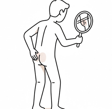 Person with short hair holding a mirror and scratching his bare bottom