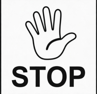 Cartoon hand with palm facing with STOP underneath 