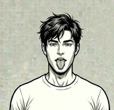 male with shaggy hair with tongue out