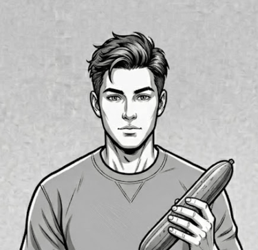Male cartoon holding a penis like object