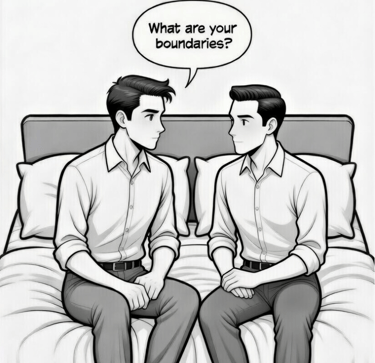 Male asking trans male what are your boundaries? Cartoon style