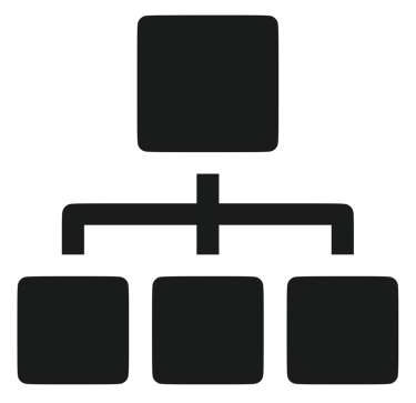 A black hierarchical organizational chart icon showing a top-down corporate structure diagram.