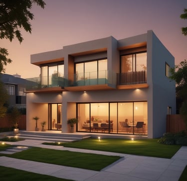 A cozy, modern home surrounded by greenery, symbolizing comfort and safety.