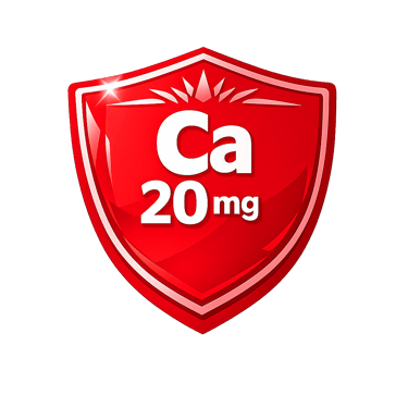 Red glossy shield icon showing 20mg of Calcium (Ca) mineral supplement for bone health protection.