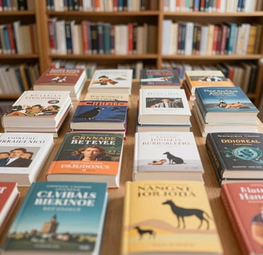 A vibrant bookstore shelf filled with colorful French literature.