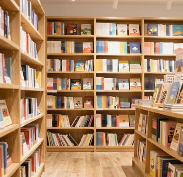 A vibrant bookstore shelf filled with colorful French literature.
