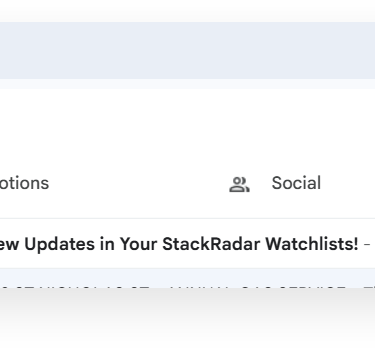 Email inbox with a real-time StackRadar notification alerting technology changes in the user's watch