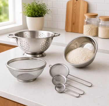 Kit 4 peças Escorredor De Arroz + Escorredor De Macarrão + Escorredor telado + 3 Peneiras