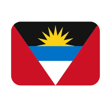 The national flag of Antigua and Barbuda featuring a rising sun, red triangles, and black, blue, and white stripes.
