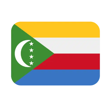 National flag of Comoros with green triangle, white crescent, stars, and yellow, white, red, blue stripes.