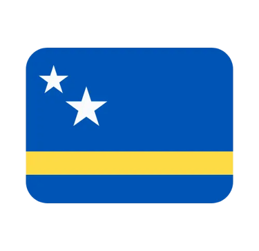 The national flag of Curacao featuring a blue field with a yellow stripe and two white stars.
