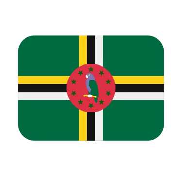 The national flag of Dominica with a Sisserou parrot emblem on a green field with a tri-color cross.