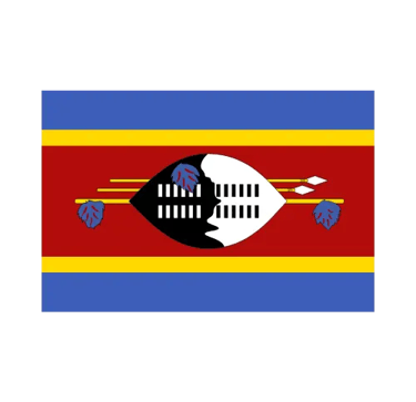 National flag of Eswatini featuring blue, yellow, and crimson stripes with a traditional Nguni shield and spears.