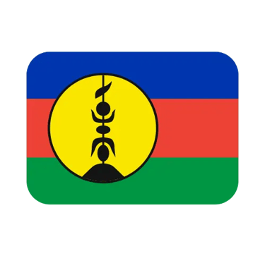 The flag of New Caledonia featuring horizontal blue, red, and green stripes with a yellow emblem.
