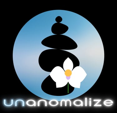 Brand art of unanomalize, full black square, big skyblue circle, name in white & skyblue neon, a black cairn, a white orchid