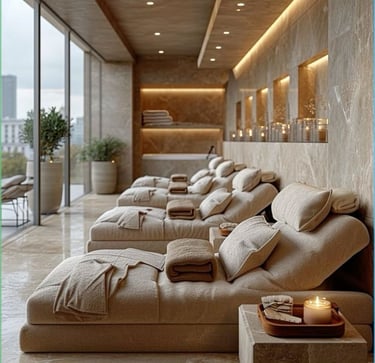 a row of massage chairs with candles and candles