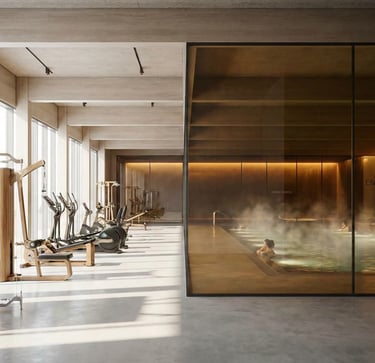 Luxury wellness facility design showing the transition between fitness areas and relaxation zones.