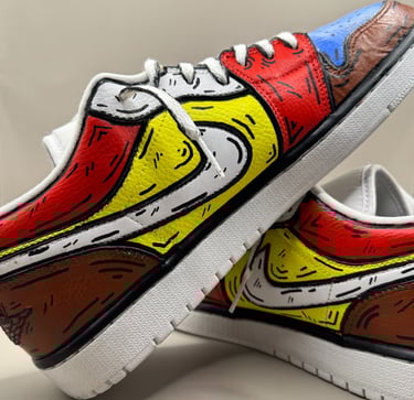 Complete color change of used Jordan 1 Low (white) shoes, design and execution by KicksReboot. Cartoon look
