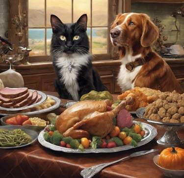dog and cat at thanksgiving dinner