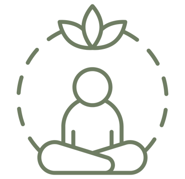 A green line art icon of a person meditating in a lotus pose with a leaf symbol for wellness.