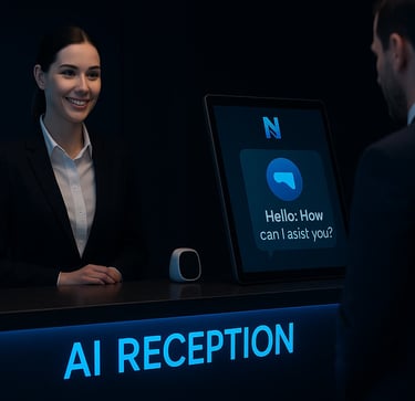 Guest services professional using Natomi's AI Reception for hotels.