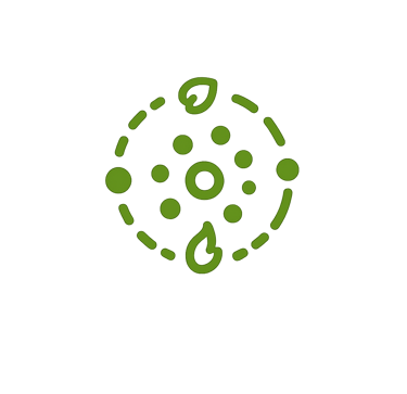 Green circular icon depicting environmental sustainability with leaf elements and atom-like dots on a black background.
