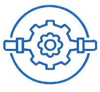 Blue line art icon of a mechanical gear inside a circle representing engineering and technical settings.