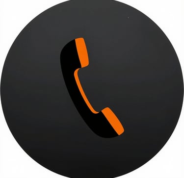 A black orange telephone handset icon inside a dark black circle for contact and call support.