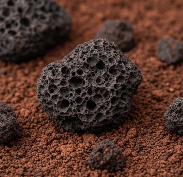 Close-up photo of dark, porous volcanic rocks resting on reddish-brown earth.