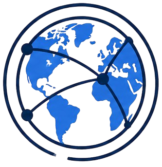 Global reach icon featuring a networked world map, representing international shipping and distribution network