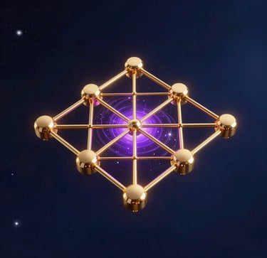 Sleek 3d render of a glowing golden network node, dark space-blue background, sharp metallic lines, cosmic purple light accents, macro perspective