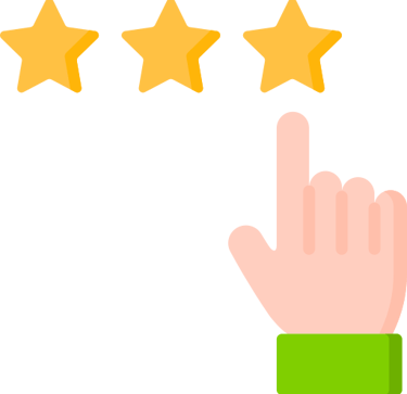 A hand pointing to three gold customer rating stars for a service review icon.