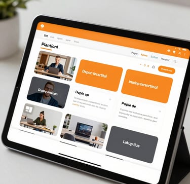 A close-up of high-quality digital learning software displayed on a modern tablet in a brightly lit North American / US corporate setting. Crisp focus on interactive custom modules, clean white and energetic orange interface design elements.