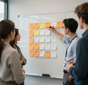A dynamic professional team planning interactive e-learning modules in a North American / US agency office. They are gathered around a whiteboard with orange-and-white color-coded sticky notes, reflecting a highly creative corporate setting.