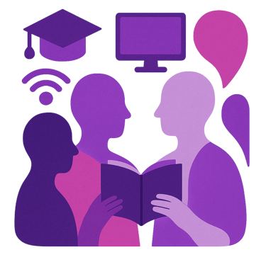 Abstract picture of people with educational icons (hats, wifi, books) around them