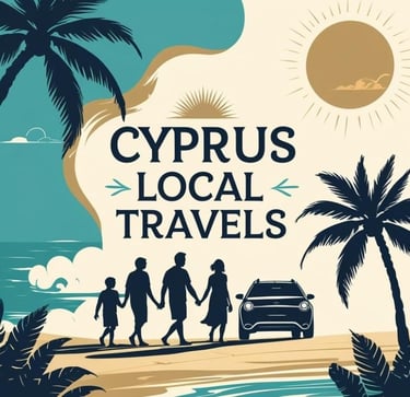 Family walking on a sunny beach with a car parked nearby – Cyprus Local Travels promoting local car 